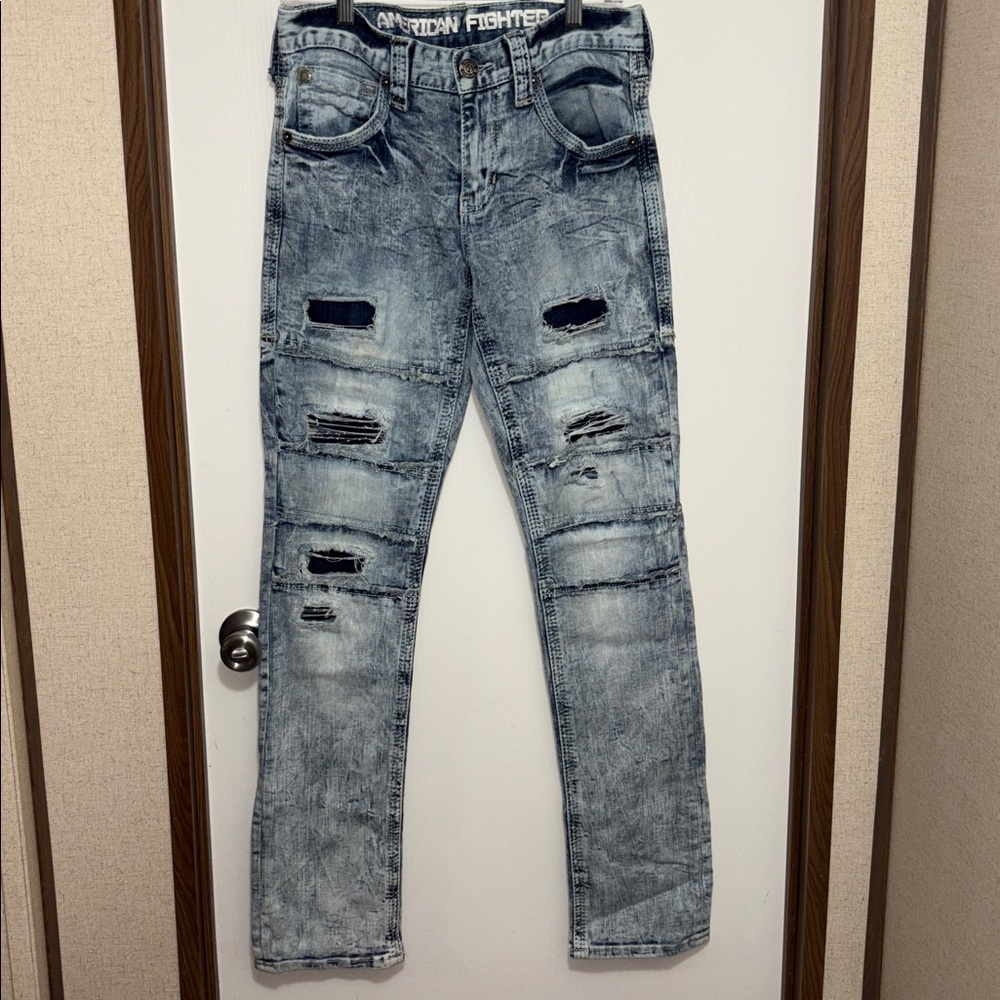 American Fighter Legend Slim Straight Moto Jeans  Distressed Light Wash Sz 30